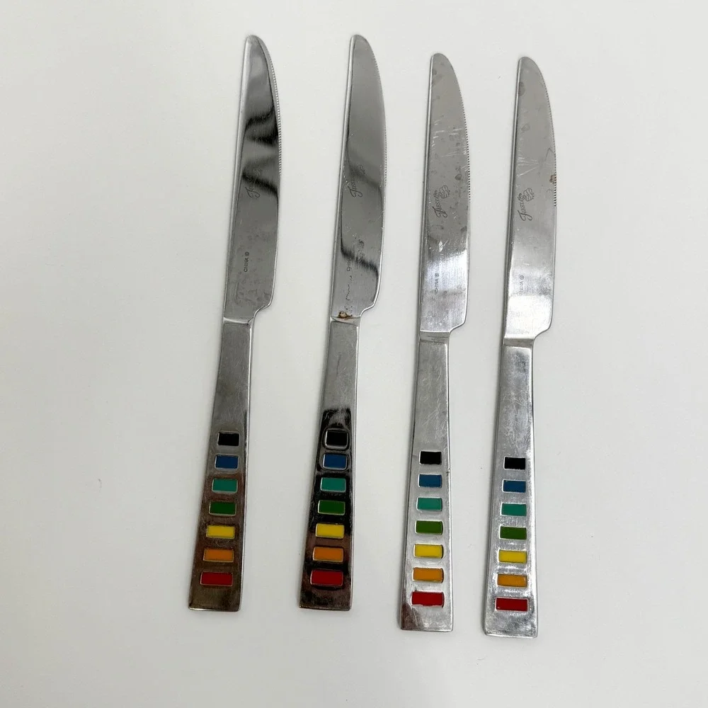 4‎ Fiestaware Celebration Stainless Dinner Knives Rainbow Inlay Flatware